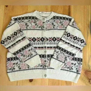 Vintage Grace Grandmacore Fairy Floral Rose Acrylic Feminine Cable Knit Cardigan